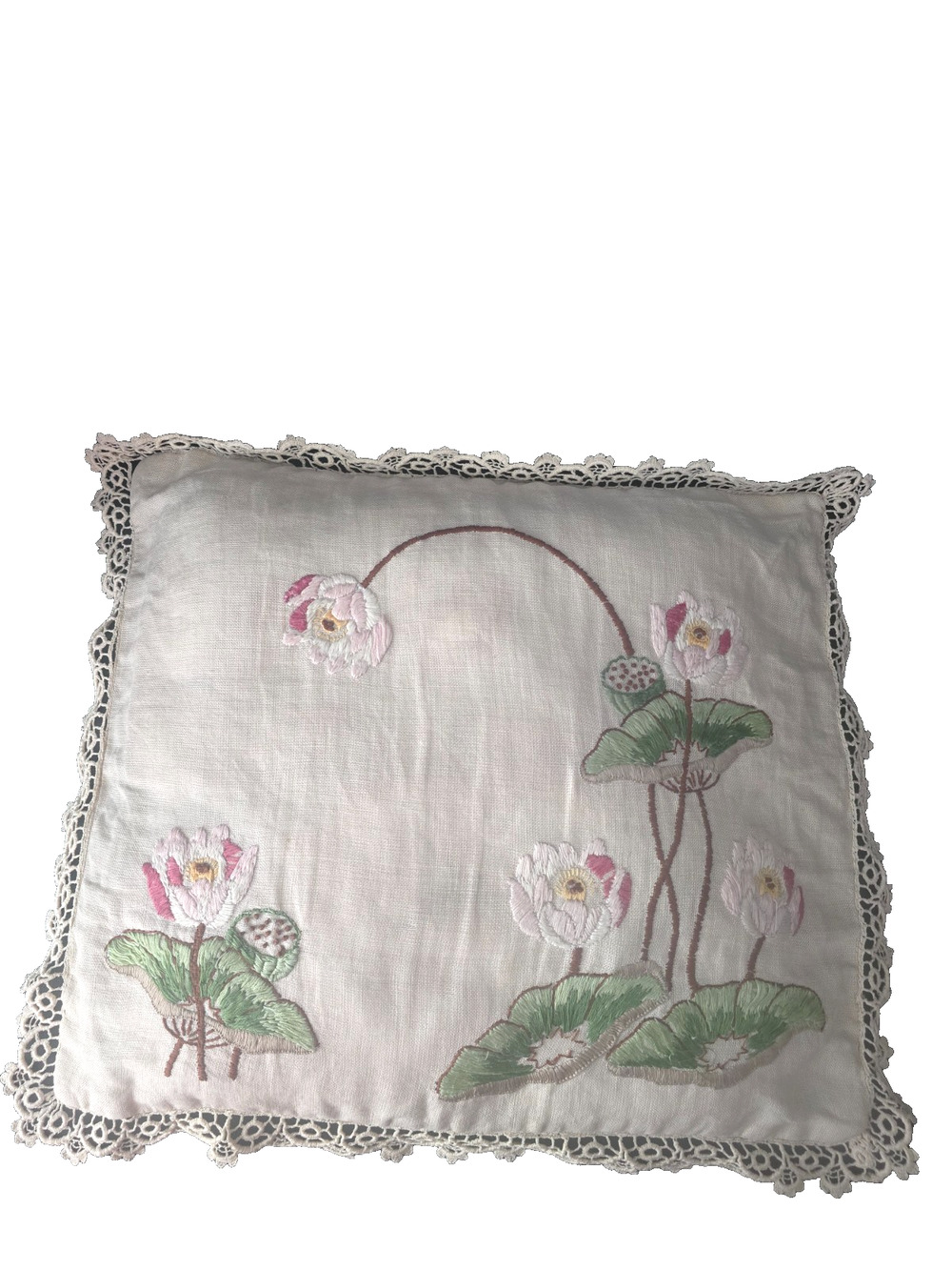 VTG 15" x 15" Floral Crewel Embroidered Shabby Chic Pillow
